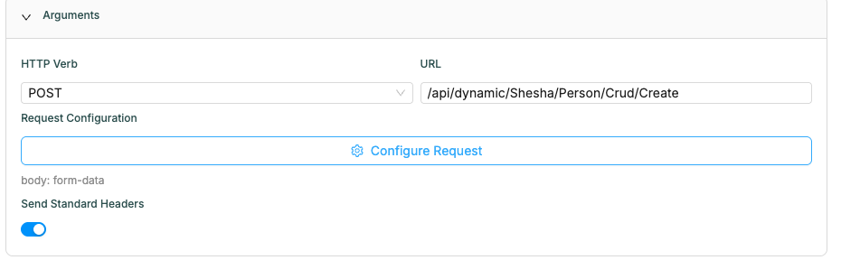 HTTP Verb set to POST and URL set to the dynamic CRUD Create endpoint