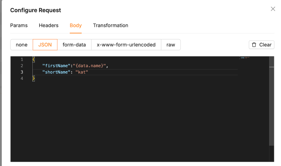 A JSON body using a Mustache expression to reference form data
