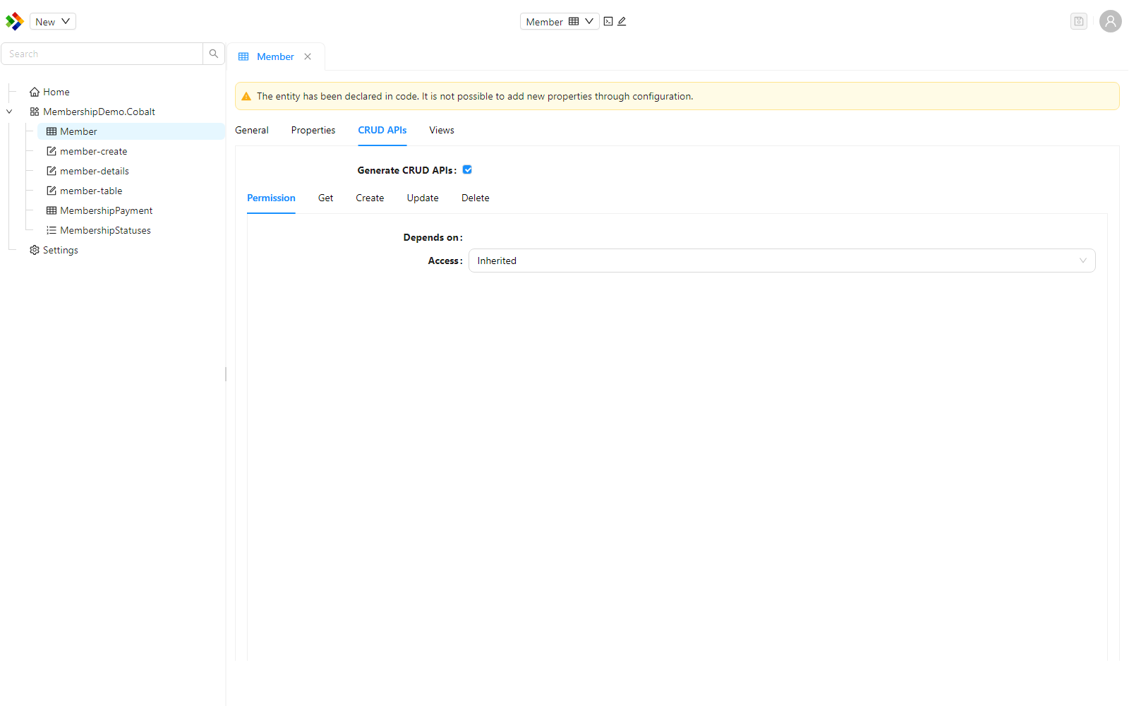 The CRUD APIs tab of the Member entity, with the Generate CRUD APIs option enabled and the Permission, Get, Create, Update, and Delete sub-tabs each exposing an access-level dropdown.