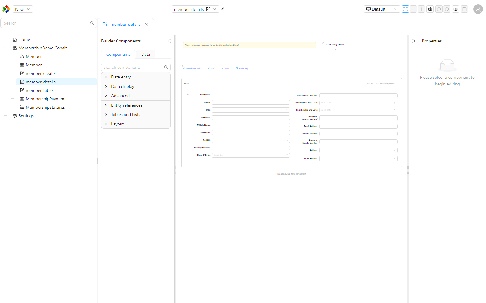 The form builder canvas showing the member-details form as an accurate WYSIWYG layout, with the component toolbox on the left, the zoom controls on the toolbar, and the Properties panel on the right.