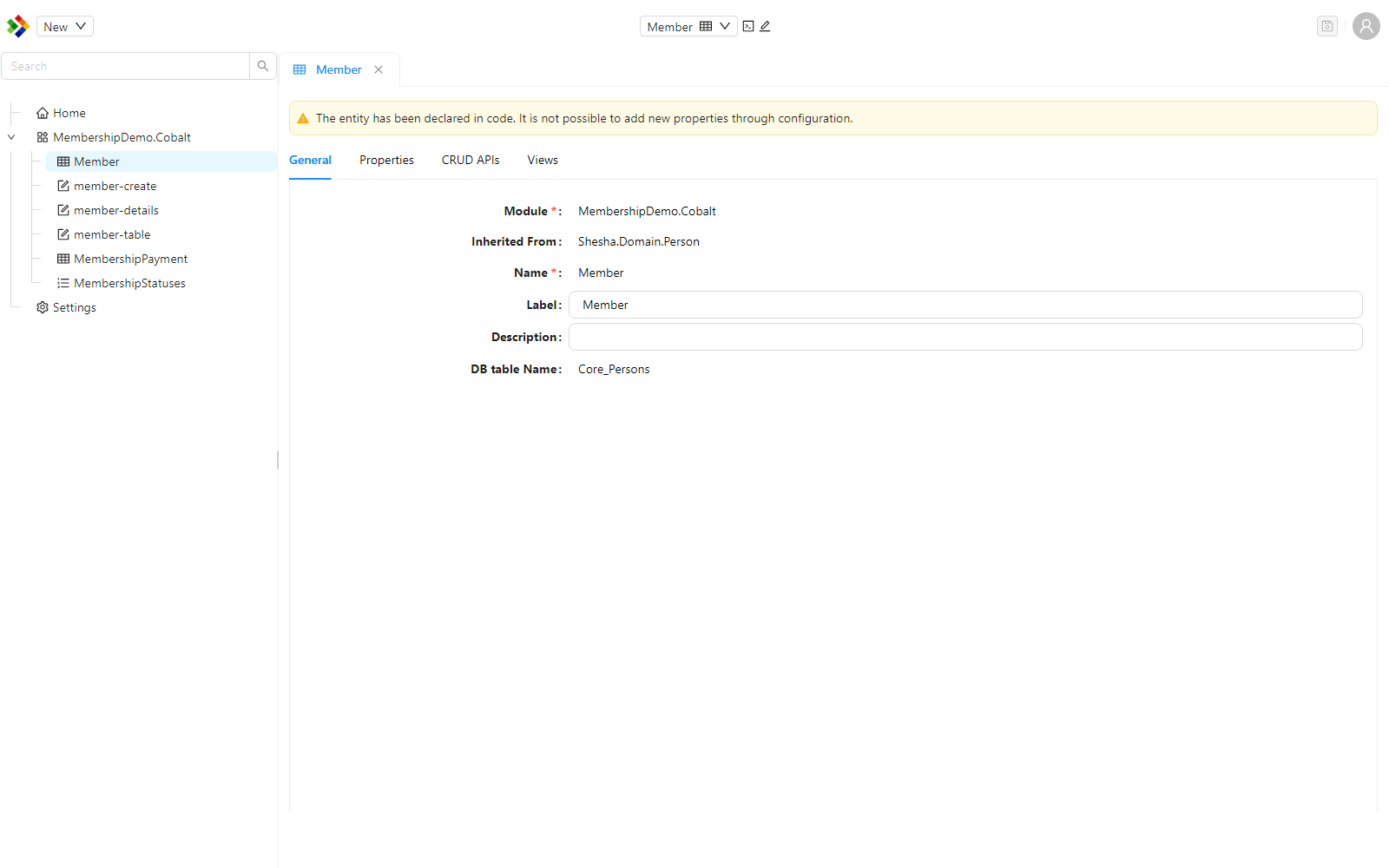 The General tab of the Member entity in the Configuration Studio, showing the Module, the entity it is Inherited From, the Name, Label, Description, and the read-only DB table name.