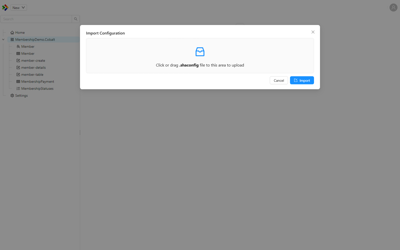 The Import Configuration preview, listing every configuration item found in the selected package along with its origin module, name, and type, before anything is applied.