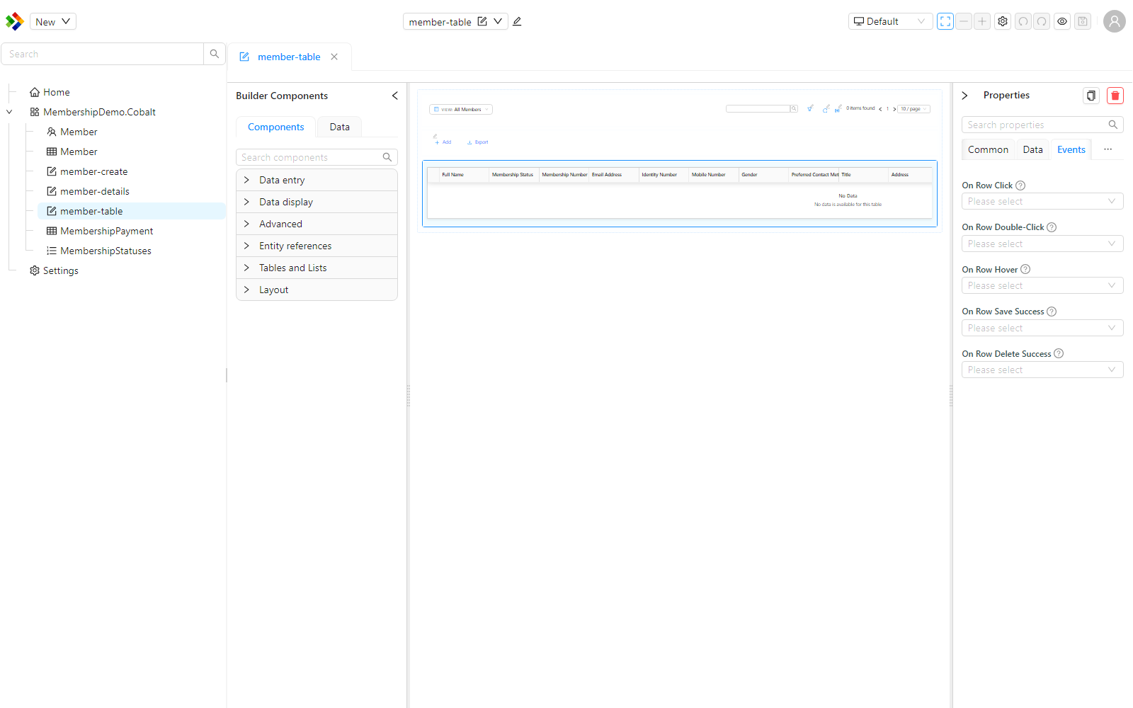 The Events tab of the DataTable, showing the row event handlers: On Row Click, On Row Double-Click, On Row Hover, On Row Save Success, and On Row Delete Success.