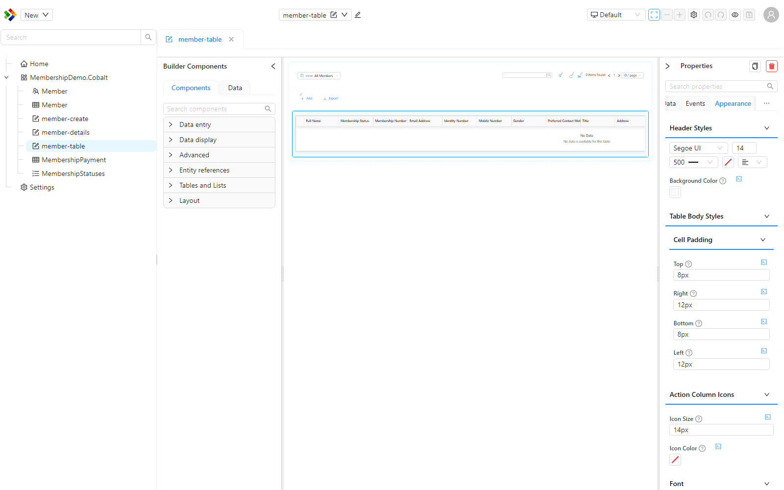 The Appearance tab of the DataTable, showing the styling groups including Header Styles, Table Body Styles, Cell Padding, and Action Column Icons.