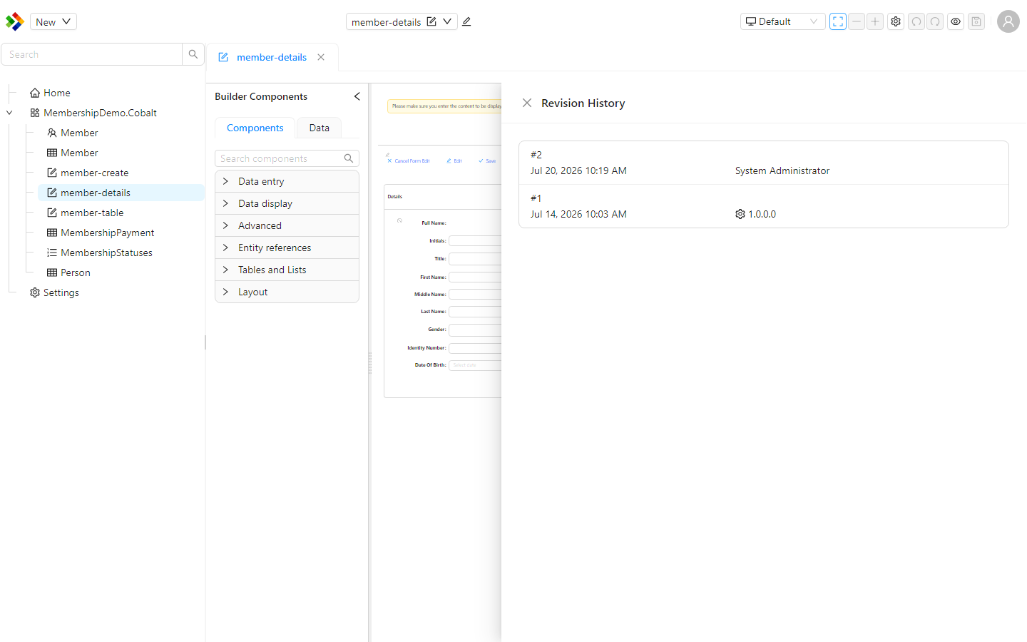 The Revision History panel for the member-details form, listing its saved revisions with the date and version number.